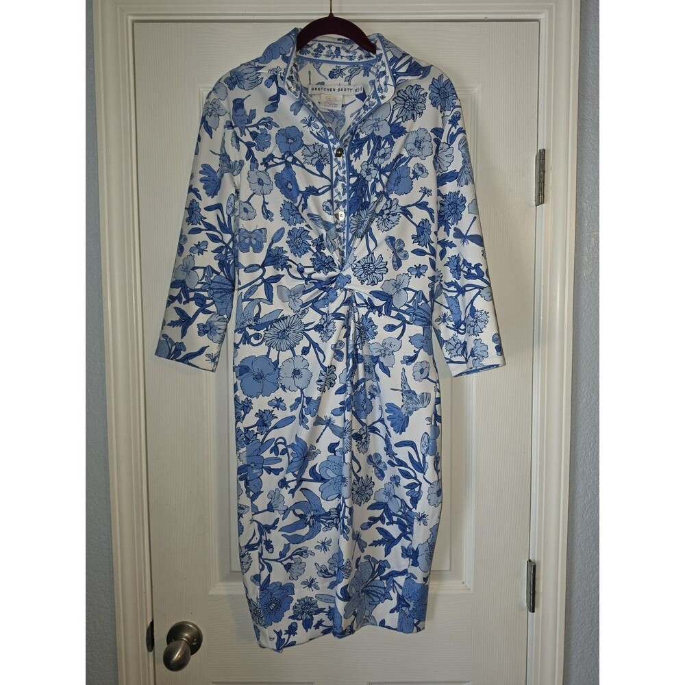 Gretchen Scott Blue Botanical Garden Hummingbird Print Twist & Shout Dress XL